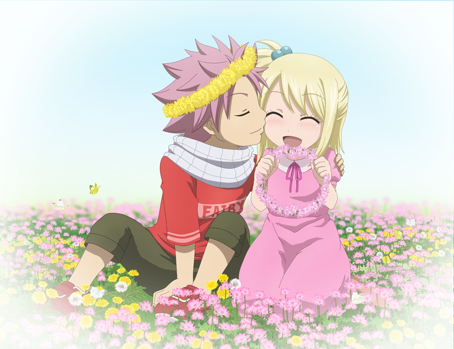 blonde_hair, bluesnowcat, blush, butterfly, dress, fairy_tail, flowers, loli