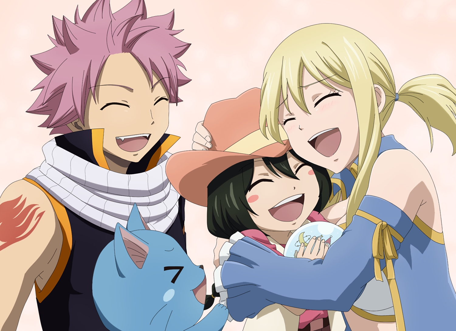 animal, asuka_connell, blonde_hair, bluesnowcat, blush, cat, fairy_tail, happy_(fairy_tail), hug, loli, lucy_heartfilia, male, natsu_dragneel, scarf, tattoo, waifu2x