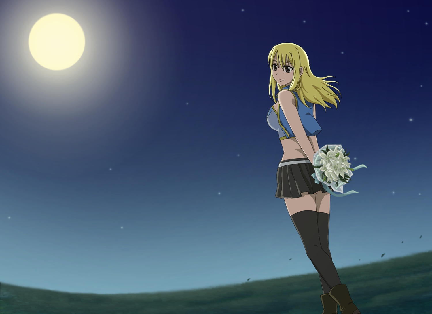 blonde_hair, bluesnowcat, breasts, brown_eyes, fairy_tail, flowers, long_hair, lucy_heartfilia