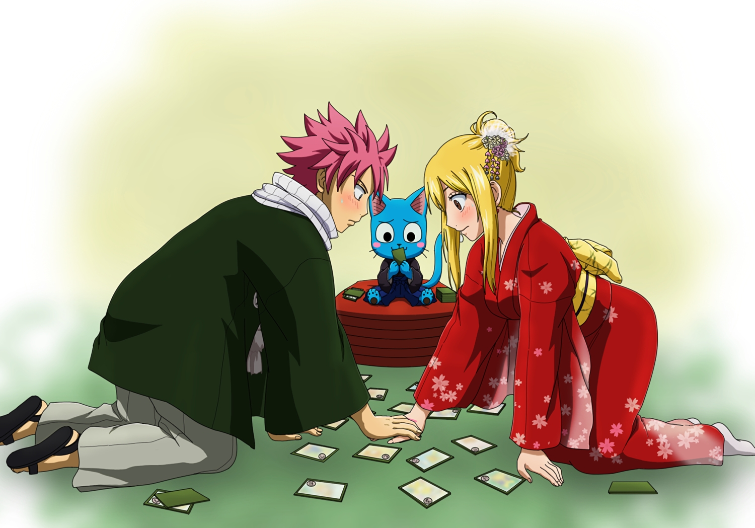 animal, blonde_hair, bluesnowcat, blush, brown_eyes, cat, fairy_tail, green