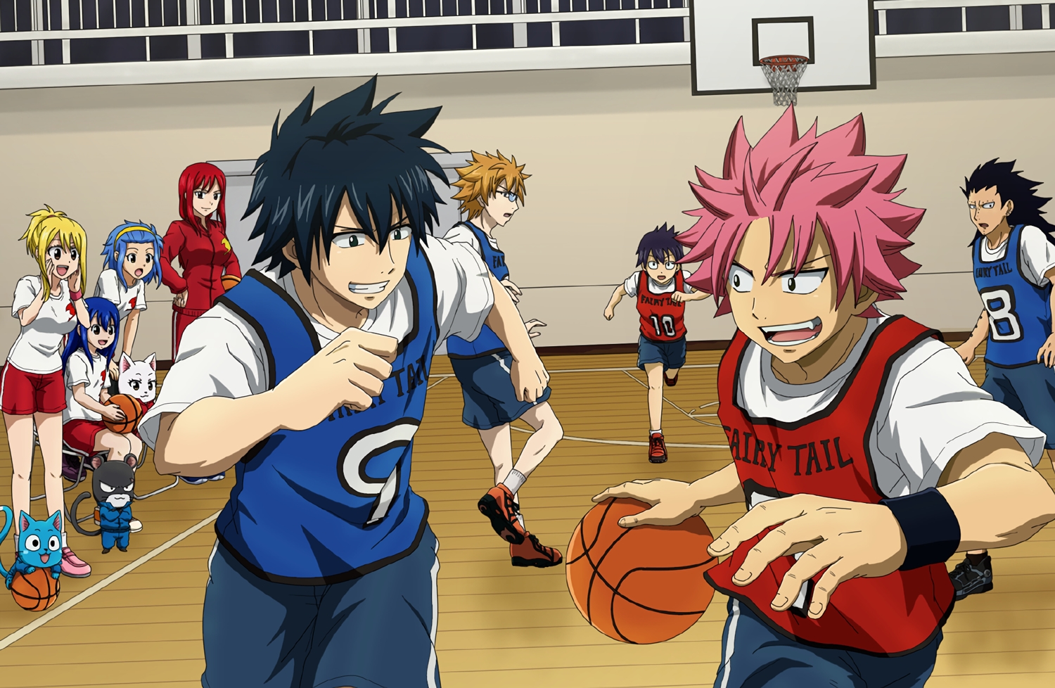 animal, ball, basketball, black_hair, blonde_hair, blue_hair, bluesnowcat, brown_hair, cat, charle_(fairy_tail), erza_scarlet, fairy_tail, gajeel_redfox, glasses, gray_fullbuster, group, happy_(fairy_tail), headband, levy_mcgarden, lucy_heartfilia, lyon, male, natsu_dragneel, pantherlily, pink_hair, red_hair, short_hair, shorts, socks, sport, wendy_marvell