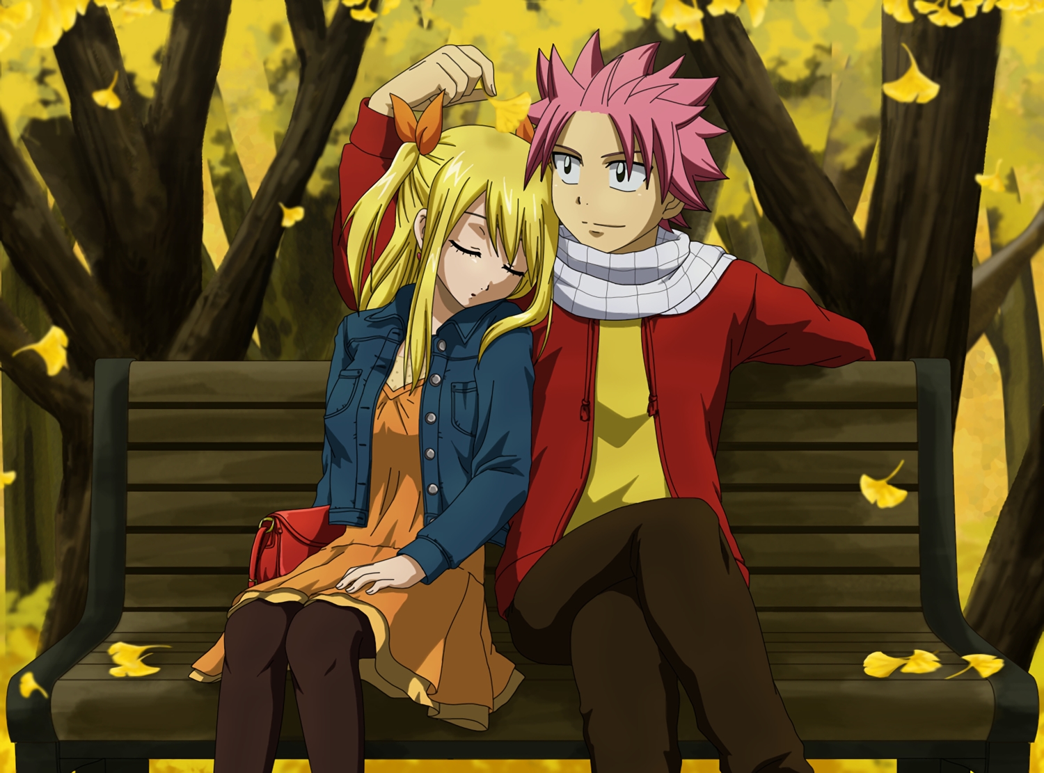 autumn, blonde_hair, bluesnowcat, dress, fairy_tail, leaves, lucy_heartfilia, male