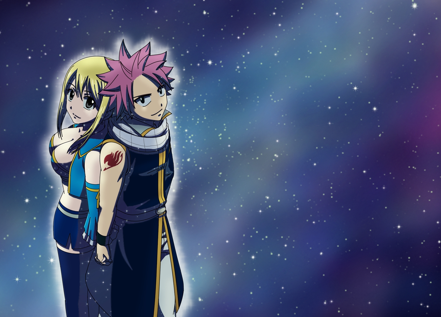blonde_hair, bluesnowcat, breasts, fairy_tail, lucy_heartfilia, male, natsu_dragneel, pink_hair, scarf, short_hair, skirt, tattoo, thighhighs, waifu2x