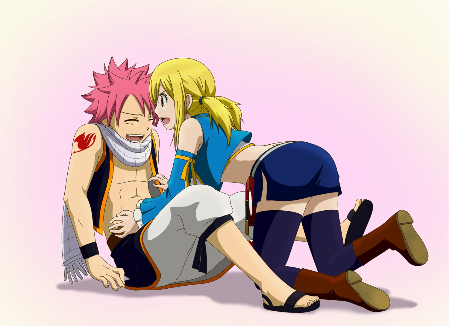 ass, blonde_hair, bluesnowcat, boots, fairy_tail, lucy_heartfilia, male, natsu_dragneel