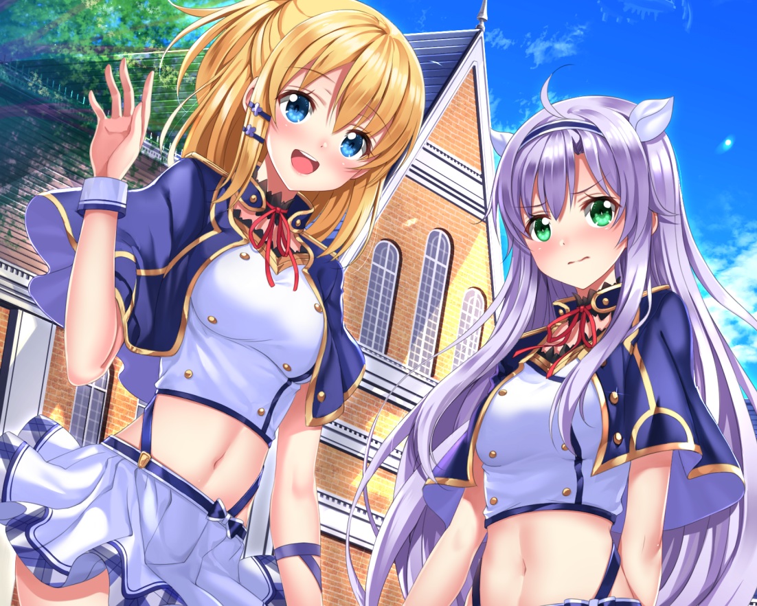 2girls, aqua_eyes, blonde_hair, blush, breasts, clouds, cropped, gray_hair, green_eyes, headband, long_hair, navel, ribbons, rokudenashi_majutsu_koushi_to_akashic_record, rumia_tingel, short_hair, sistine_fibel, sky, swordsouls