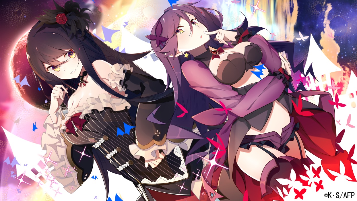 2girls, almaria, ange_vierge, benio_(dontsugel), black_hair, breasts, garter_belt, long_hair, purple_hair, tagme_(character), yellow_eyes