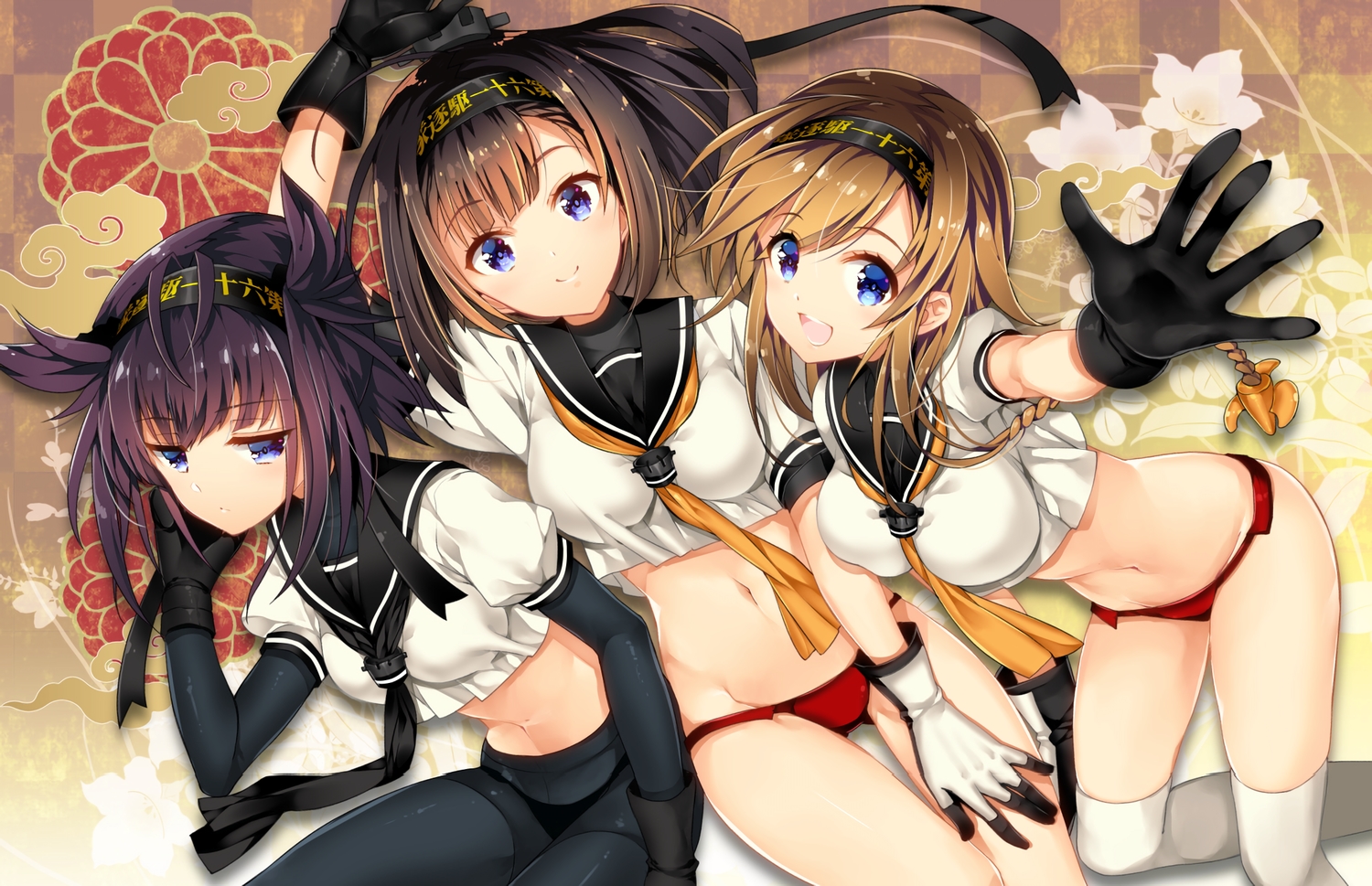 akizuki_(kancolle), anthropomorphism, ariko_youichi, blue_eyes, braids, breasts, brown_eyes, gloves, hatsuzuki_(kancolle), headband, kantai_collection, long_hair, navel, panties, pantyhose, short_hair, teruzuki_(kancolle), thighhighs, underwear, waifu2x