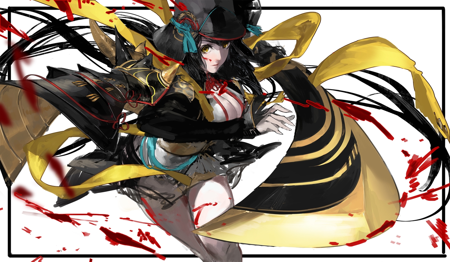 black_hair, blood, breasts, g_q, hat, onmyouji, sword, weapon
