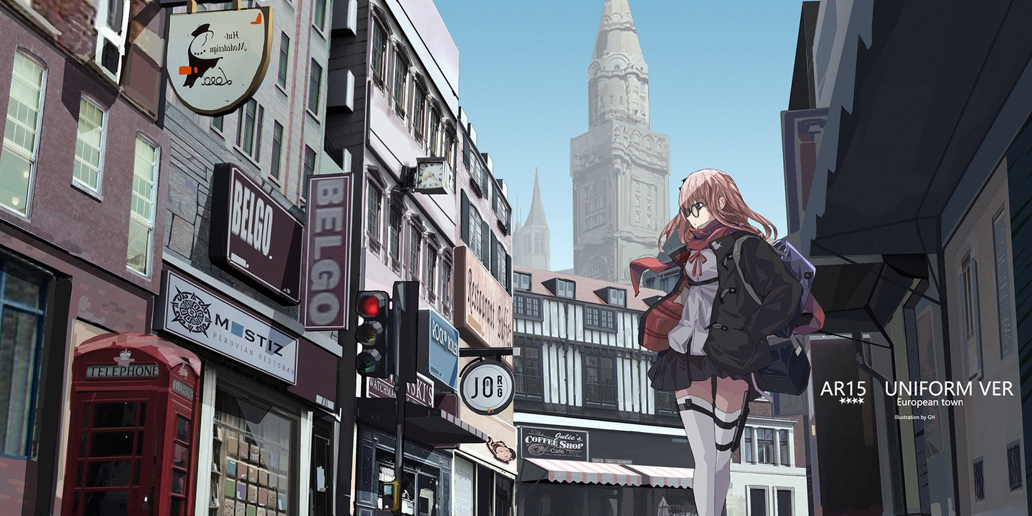 anthropomorphism, blonde_hair, building, city, gh_(chen_ghh), girls_frontline, glasses, scarf