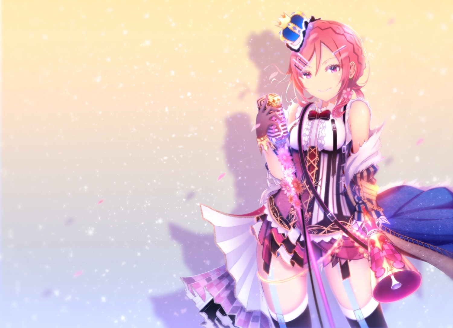 braids, breasts, furisode_(pixilvina), garter_belt, gloves, love_live!_school_idol_project, microphone, nishikino_maki, petals, purple_eyes, red_hair, short_hair