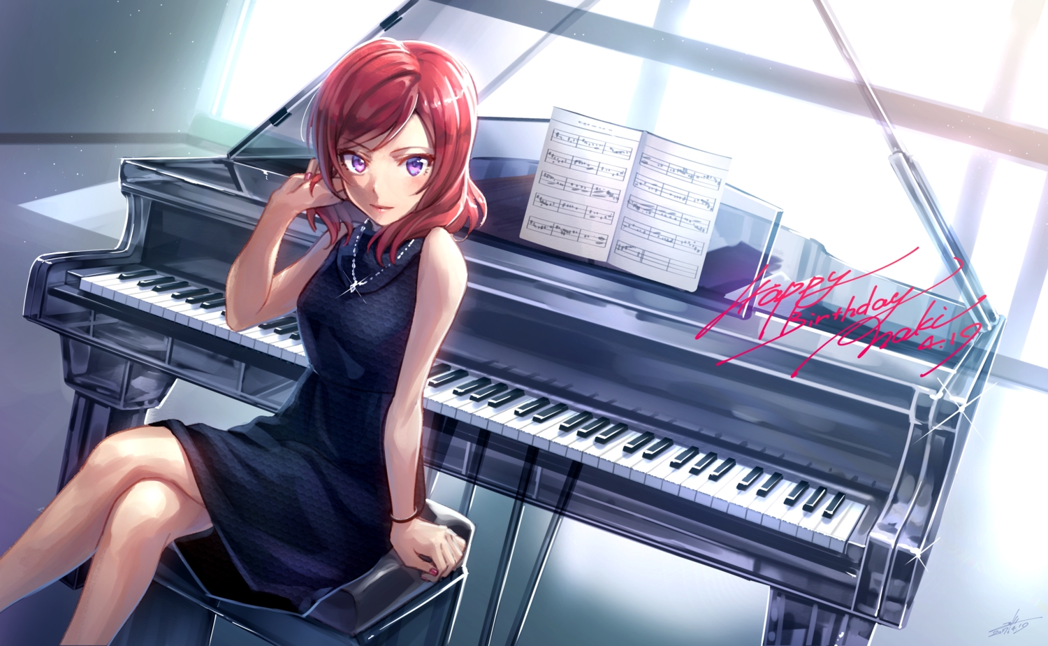 dress, instrument, love_live!_school_idol_project, music, necklace, nishikino_maki, piano, purple_eyes, red_hair, short_hair, signed, wedo, wristwear