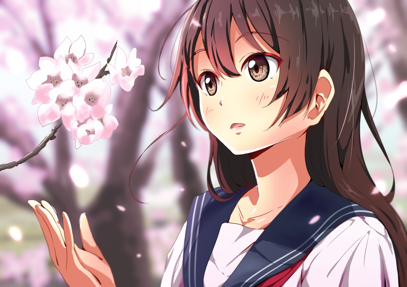 air_0497, blush, brown_eyes, brown_hair, flowers, long_hair, original, petals, school_uniform