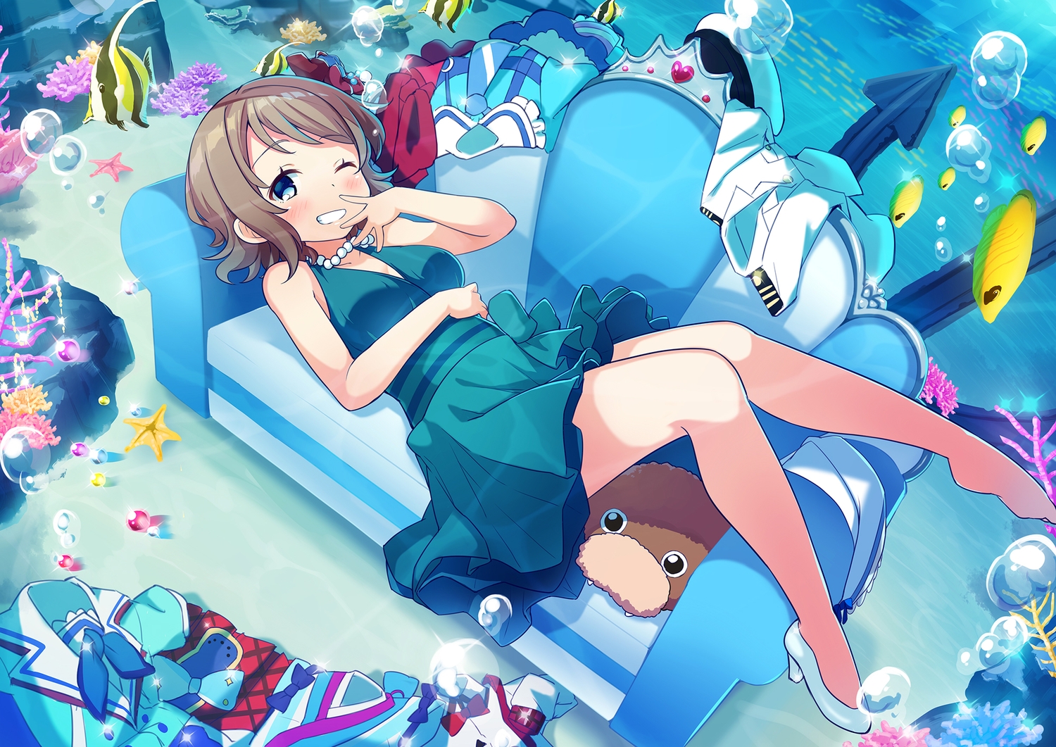 animal, barefoot, blue_eyes, blush, bow, breasts, brown_hair, bubbles, couch, fish, love_live!_school_idol_project, love_live!_sunshine!!, necklace, robin16, short_hair, underwater, watanabe_you, water, wink