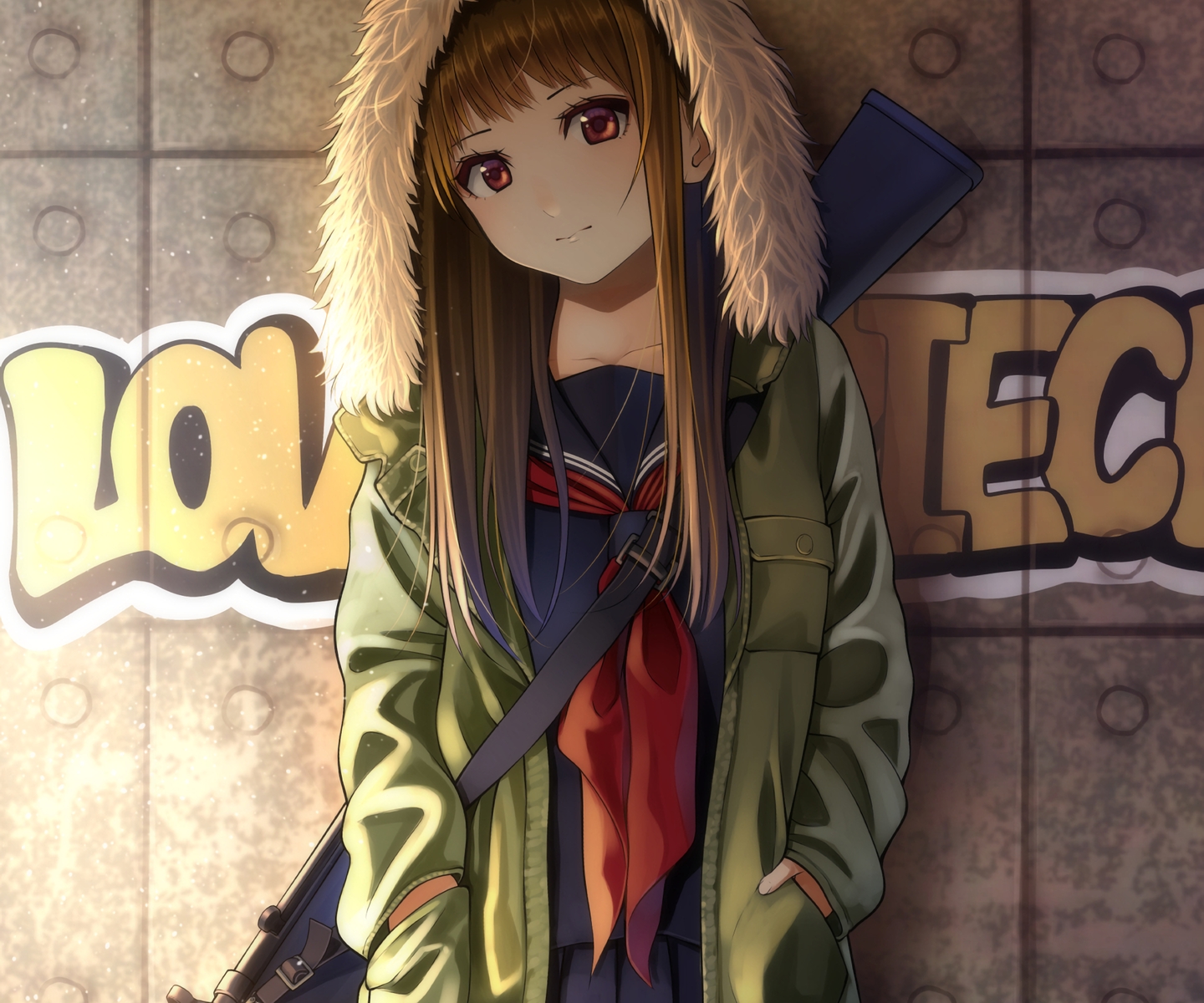 brown_hair, cropped, graffiti, gun, hood, kentaurosu, long_hair, original, red_eyes, school_uniform, waifu2x, weapon