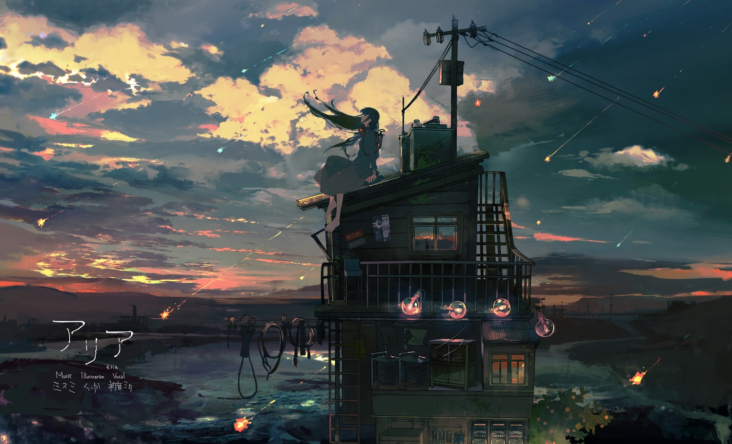 building, clouds, kukka, long_hair, original, scenic, sky, sunset, third-party_edit, vocaloid