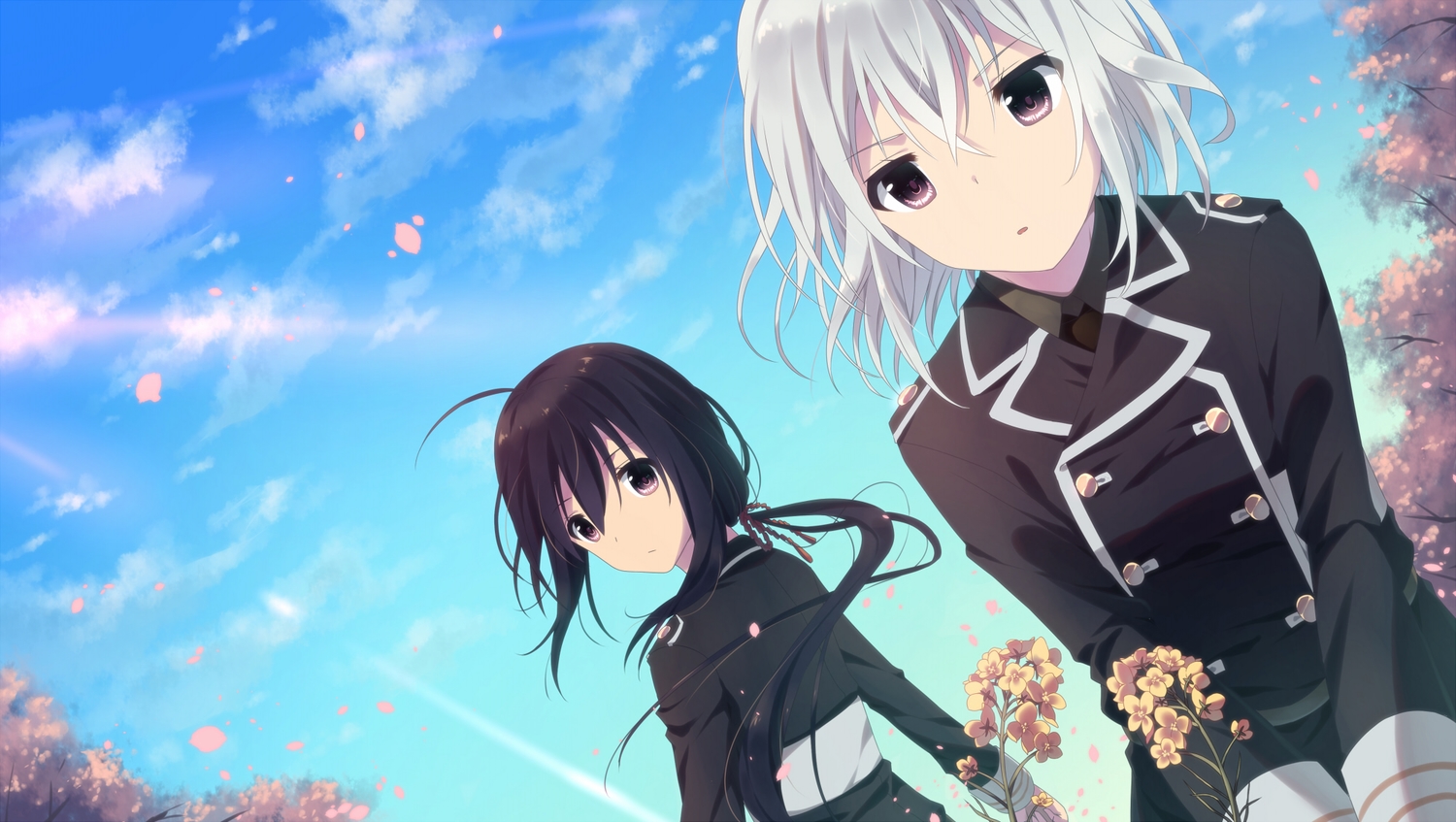 all_male, anthropomorphism, black_hair, clouds, flowers, honebami_toushirou, long_hair, male, namazuo_toushirou, petals, re_moyo, short_hair, sky, touken_ranbu, white_hair