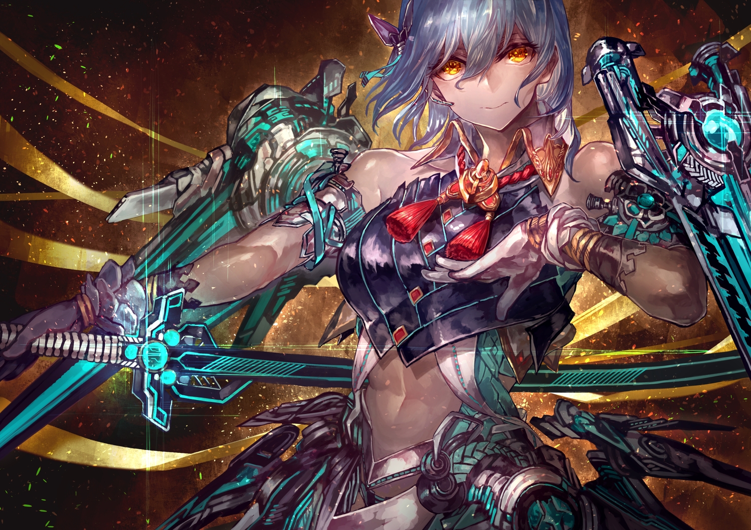 gloves, mechagirl, microphone, original, samurai, short_hair, signo_aaa, sword, weapon, yellow_eyes