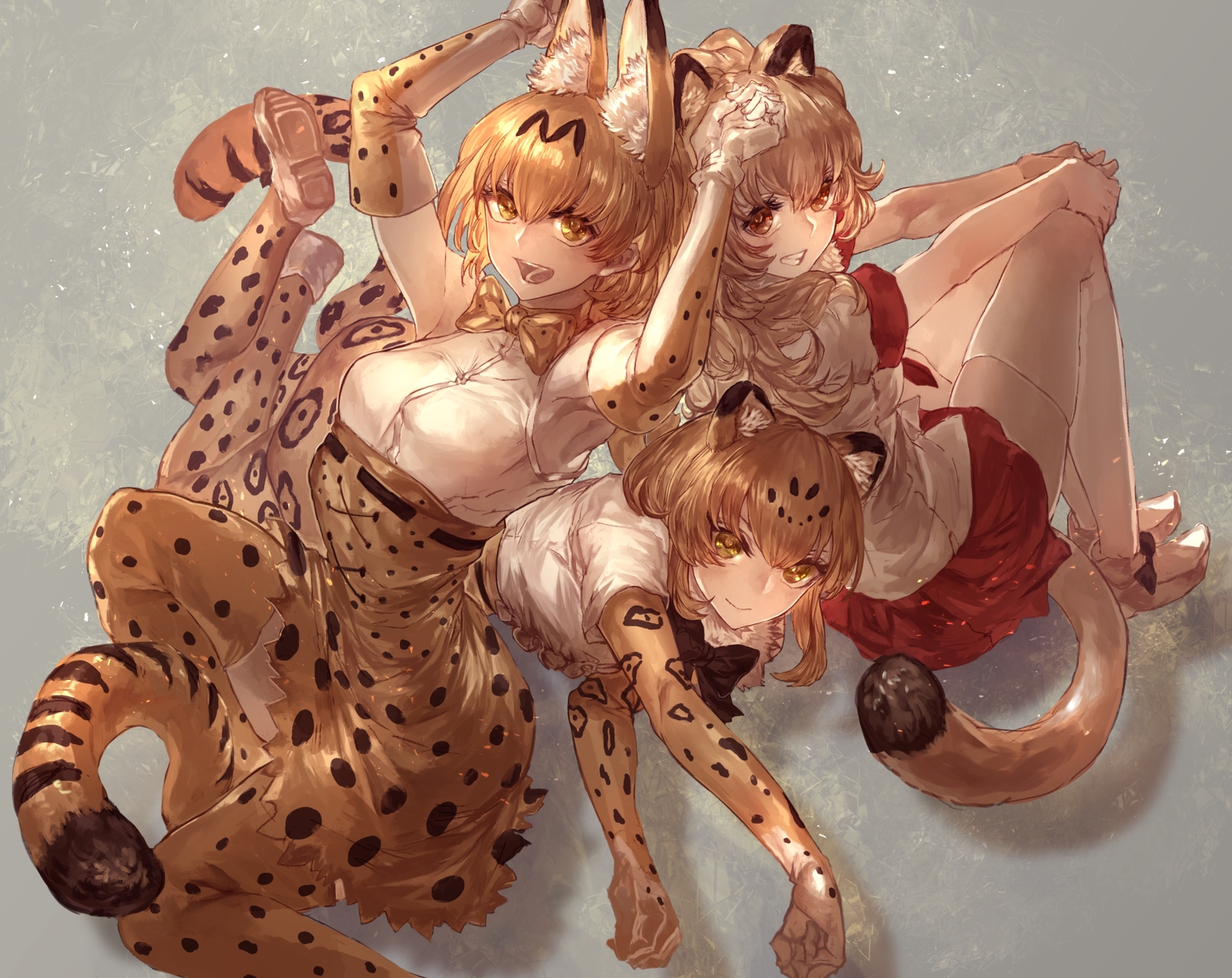 animal_ears, anthropomorphism, blonde_hair, bow, breasts, catgirl, dress, elbow_gloves, gloves, jaguar_(kemono_friends), kemono_friends, lion_(kemono_friends), long_hair, serval, short_hair, signo_aaa, skirt, tail, thighhighs, yellow_eyes