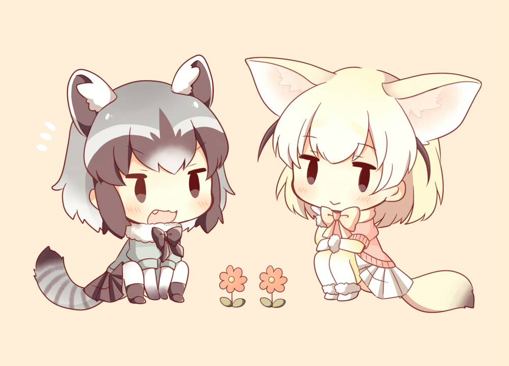 2girls, animal_ears, anthropomorphism, blonde_hair, bow, common_raccoon_(kemono_friends), fennec_(kemono_friends), foxgirl