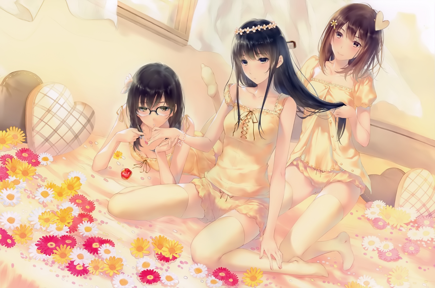 black_hair, brown_hair, flowers, flowers_(game), group, innocent_grey, long_hair, pajamas
