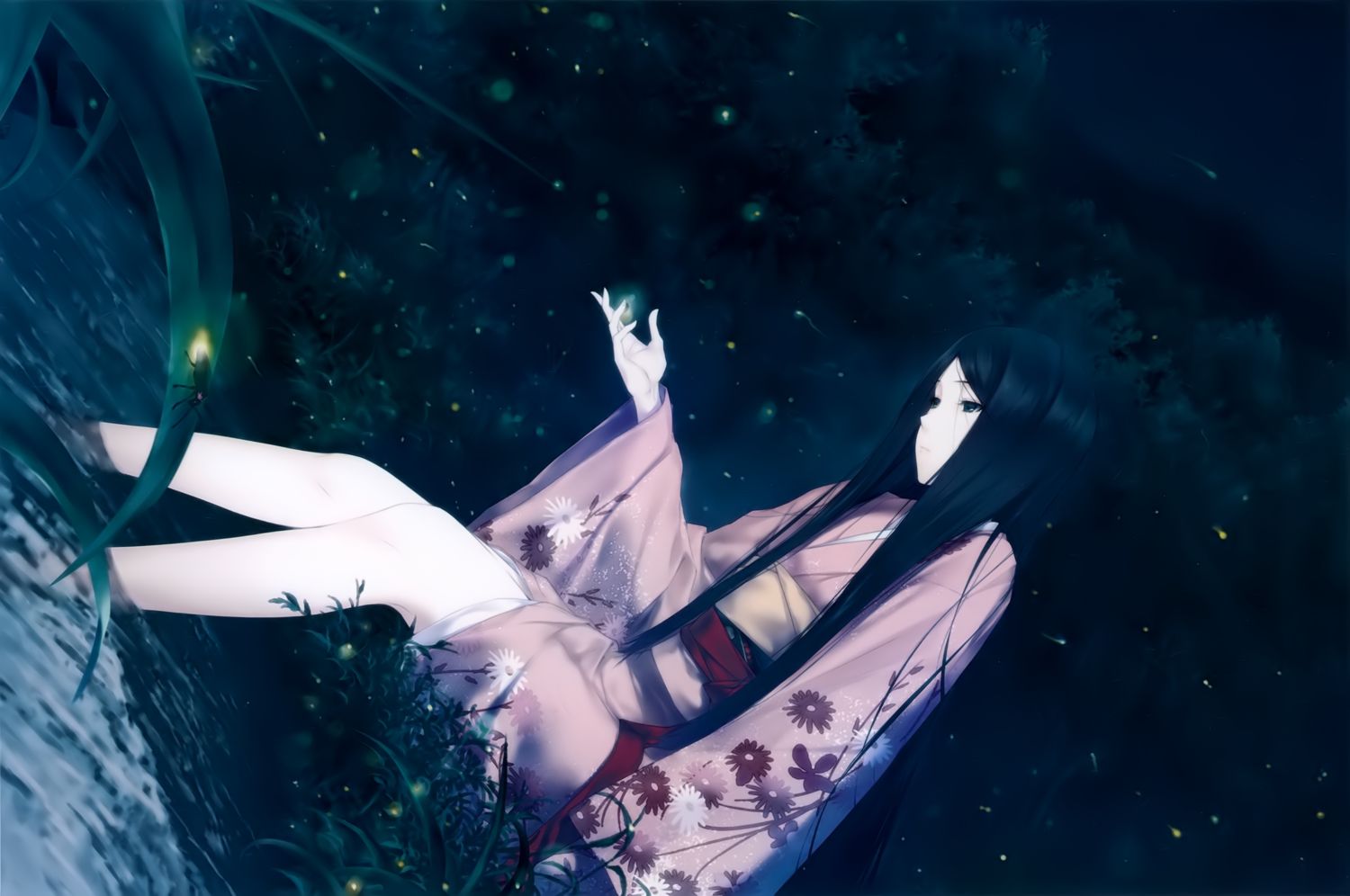 black_hair, blue_eyes, grass, japanese_clothes, kara_no_shoujo_2, long_hair, night, satsuki_(kara_no_shoujo_2)