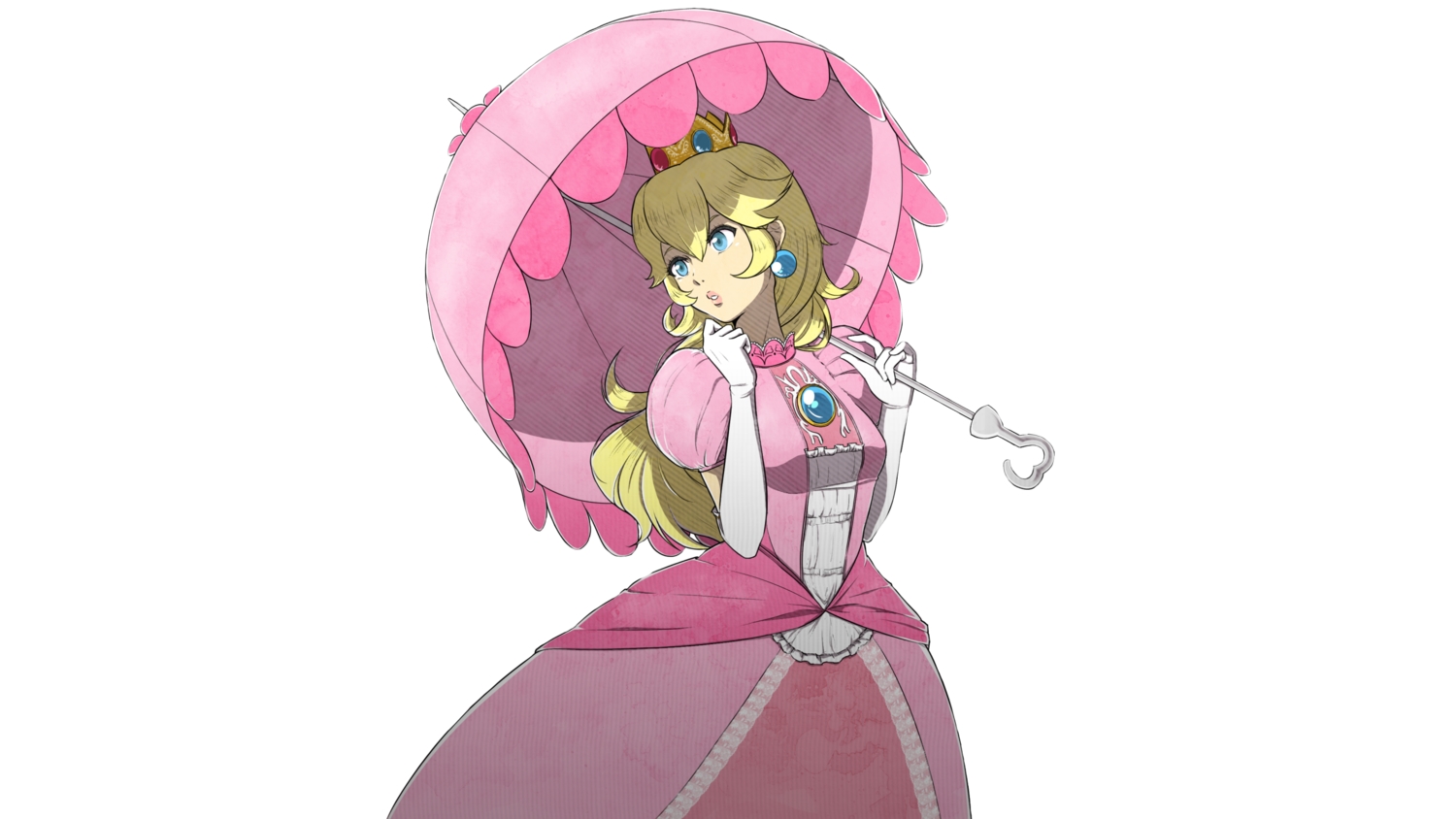 blonde_hair, blue_eyes, crown, dress, lithety, long_hair, princess_peach, super_mario, umbrella, white