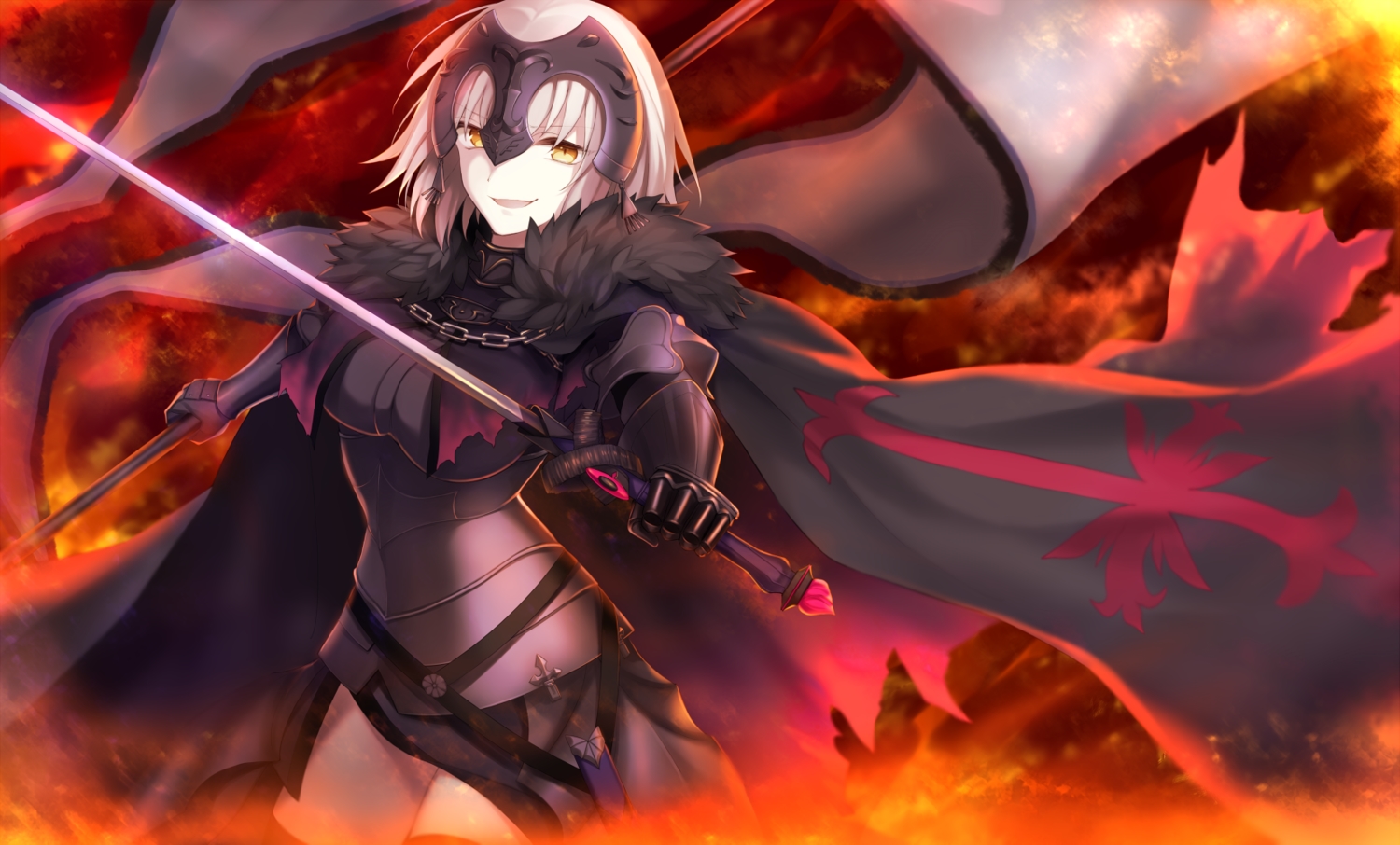 armor, breasts, cape, chain, elbow_gloves, fate/grand_order, fate_(series), fire