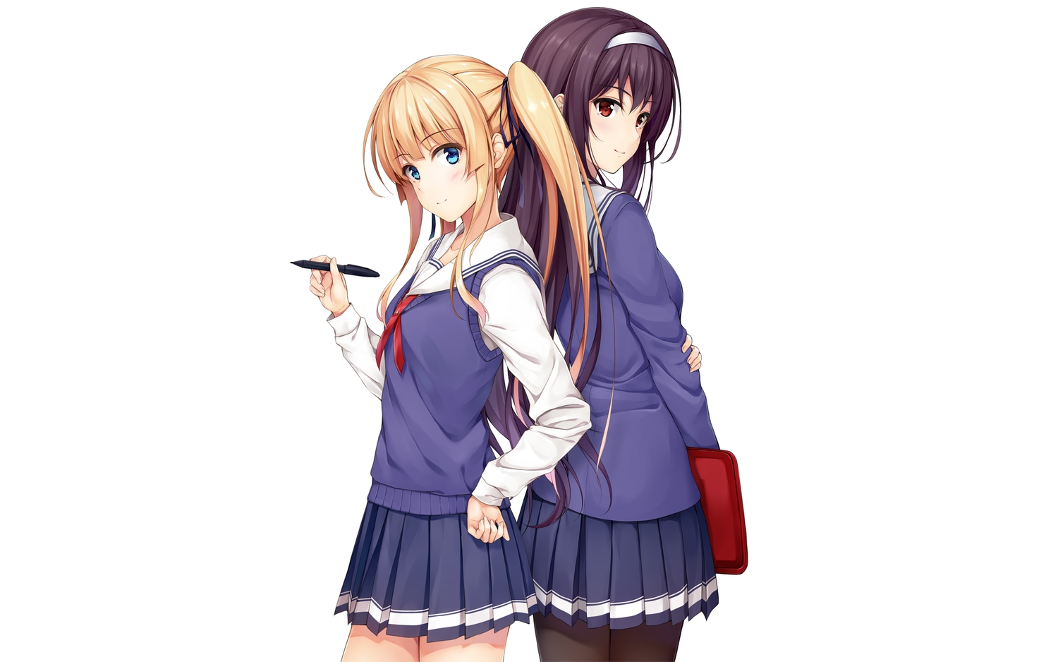 2girls, aqua_eyes, black_hair, blonde_hair, headband, kasumigaoka_utaha, long_hair, pantyhose