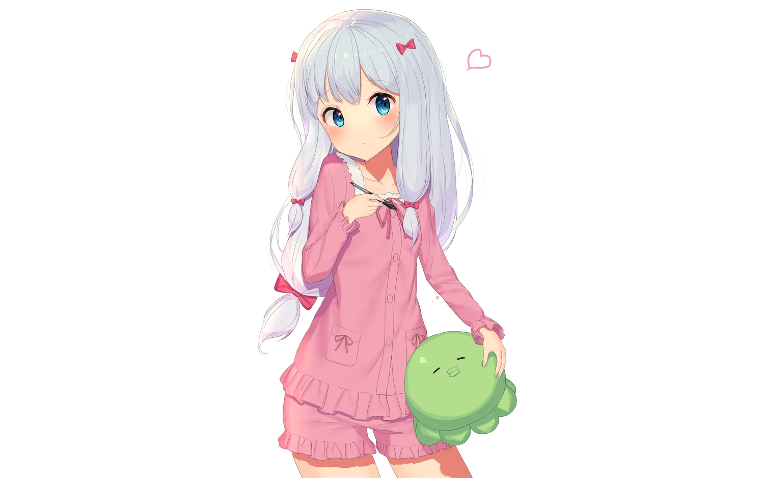 akamizuki_(akmzk), blue_eyes, blush, bow, eromanga-sensei, gray_hair, izumi_sagiri, loli, long_hair, shorts, white