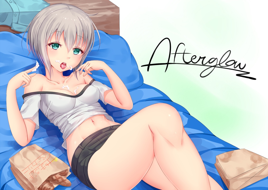 aoba_moka, bang_dream!, breasts, food, green_eyes, navel, shiro_usagi, short_hair, shorts