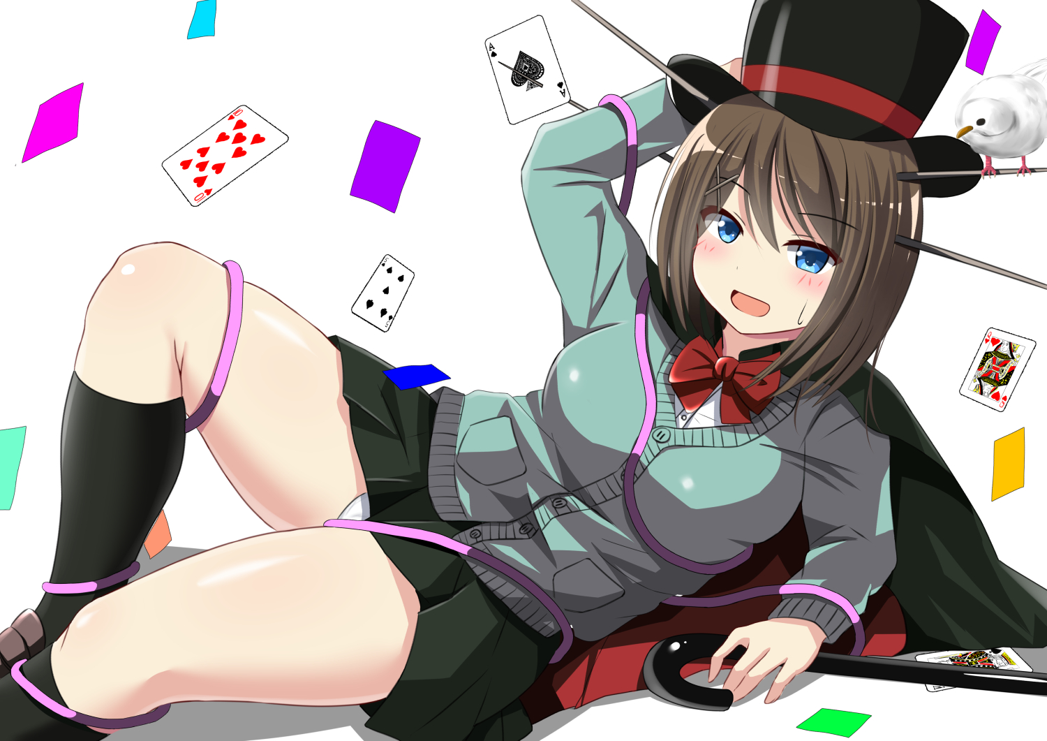 animal, anthropomorphism, bird, blue_eyes, blush, bow, breasts, brown_hair