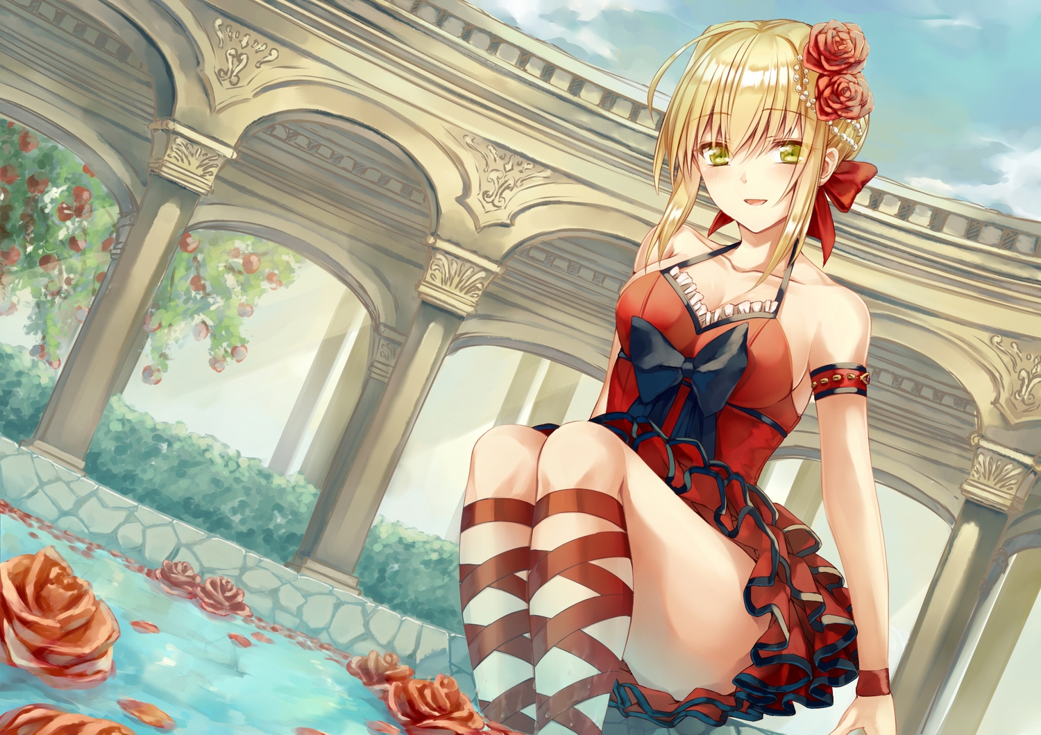blonde_hair, blush, breasts, clouds, dress, fate/extra, fate_(series), flowers, green_eyes, nero_claudius_(fate), petals, saijou_yukina, short_hair, sky, water