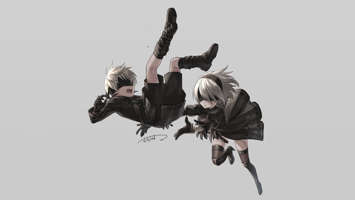 blindfold, boots, dress, gloves, gray, male, nier, nier:_automata, sacanahen, short_hair, shorts, signed, stockings, thighhighs, white_hair, yorha_unit_no._2_type_b, yorha_unit_no._9_type_s