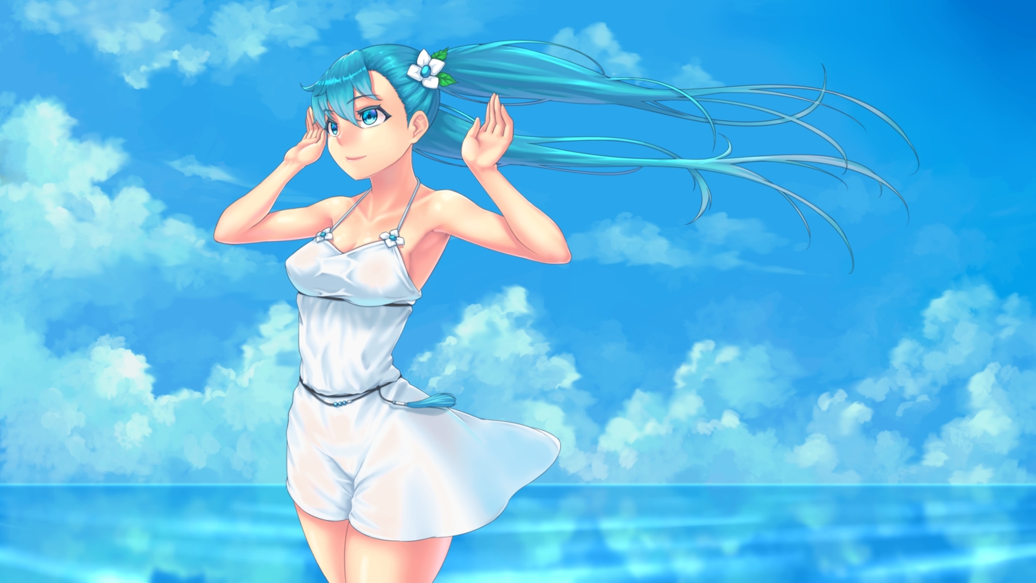 aqua_eyes, aqua_hair, cloel, clouds, dress, hatsune_miku, long_hair, sky, summer_dress, twintails, vocaloid, water