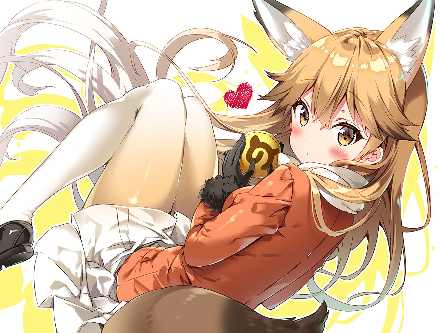 animal_ears, anthropomorphism, blush, brown_eyes, brown_hair, foxgirl, gloves, heart, kemono_friends, long_hair, pantyhose, red_fox_(kemono_friends), riichu, skirt, tail, waifu2x