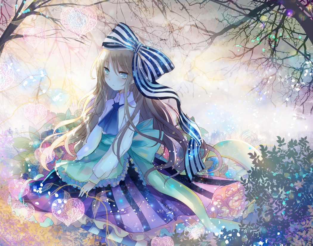 aqua_eyes, blonde_hair, bow, dress, kazu_(muchuukai), long_hair, original, tree