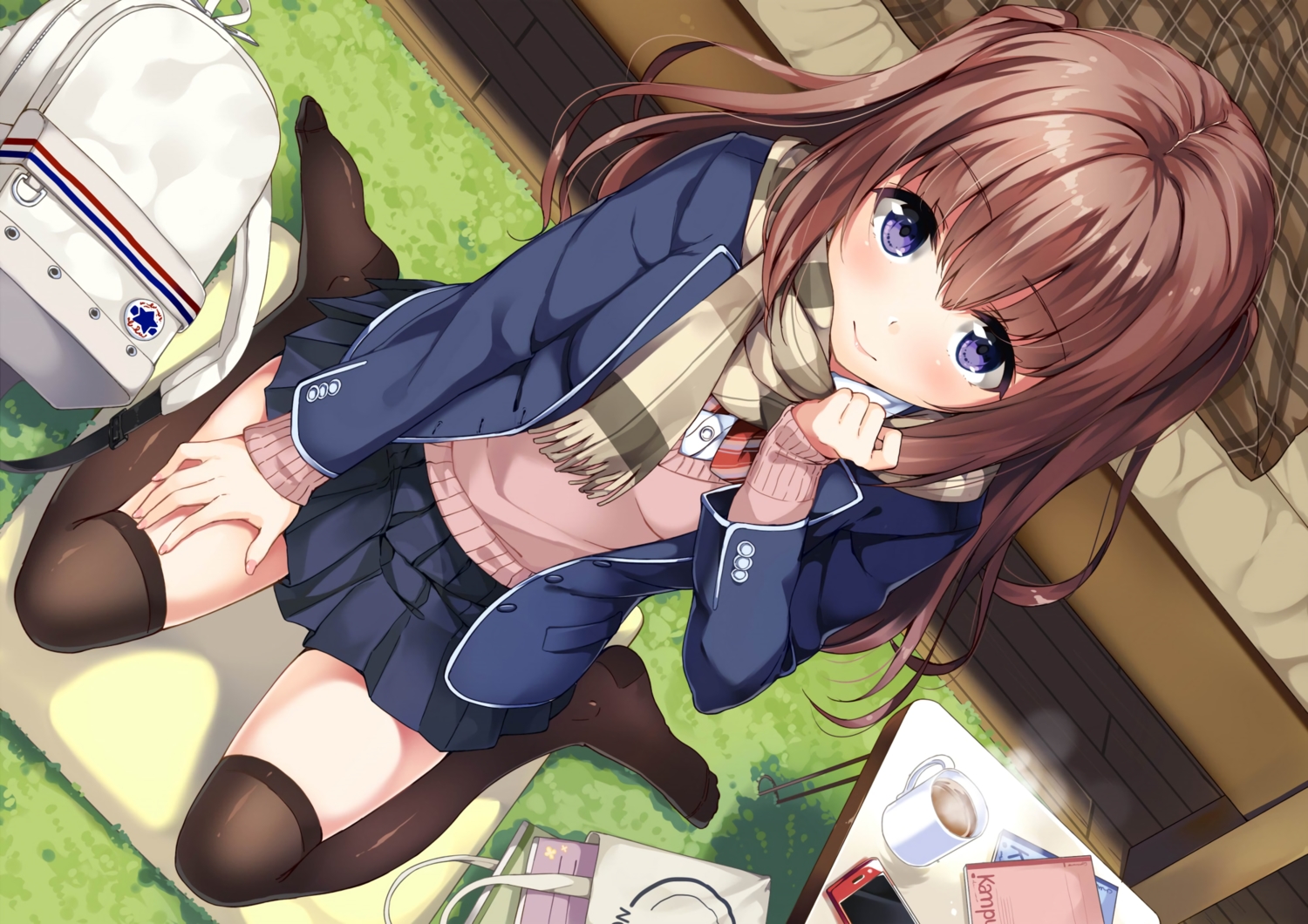 blush, book, brown_hair, drink, long_hair, phone, purple_eyes, school_uniform, skirt, thighhighs, unasaka_ryou