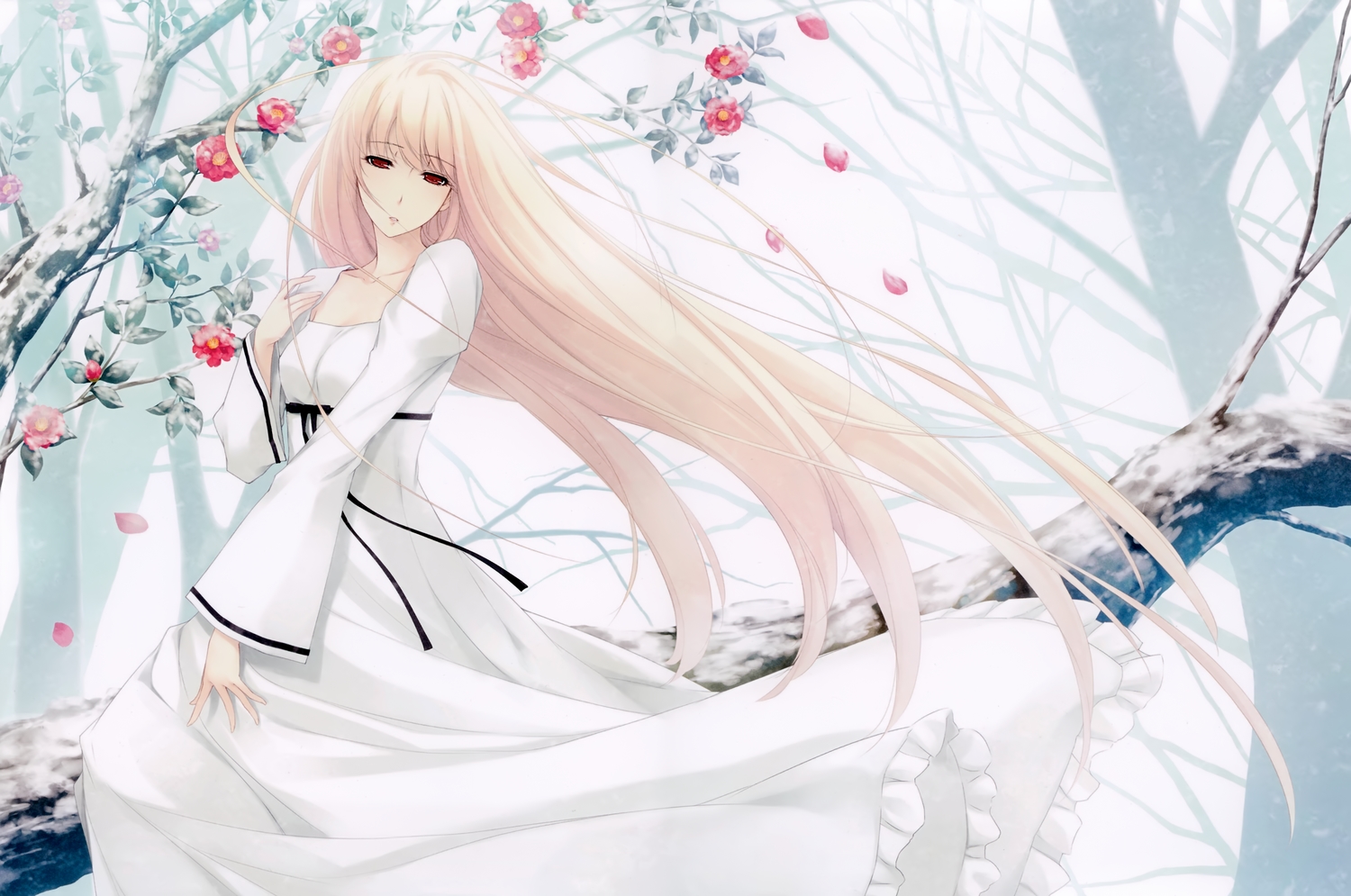 blonde_hair, caucasus, dress, flowers, long_hair, nanatsuki_shion, petals, red_eyes