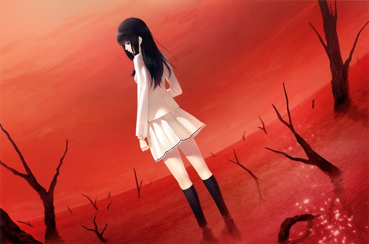 black_eyes, black_hair, kara_no_shoujo, kneehighs, kuchiki_touko, long_hair, red, school_uniform