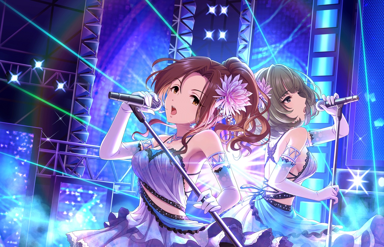 2girls, annin_doufu, breasts, brown_eyes, brown_hair, elbow_gloves, gloves, idolmaster
