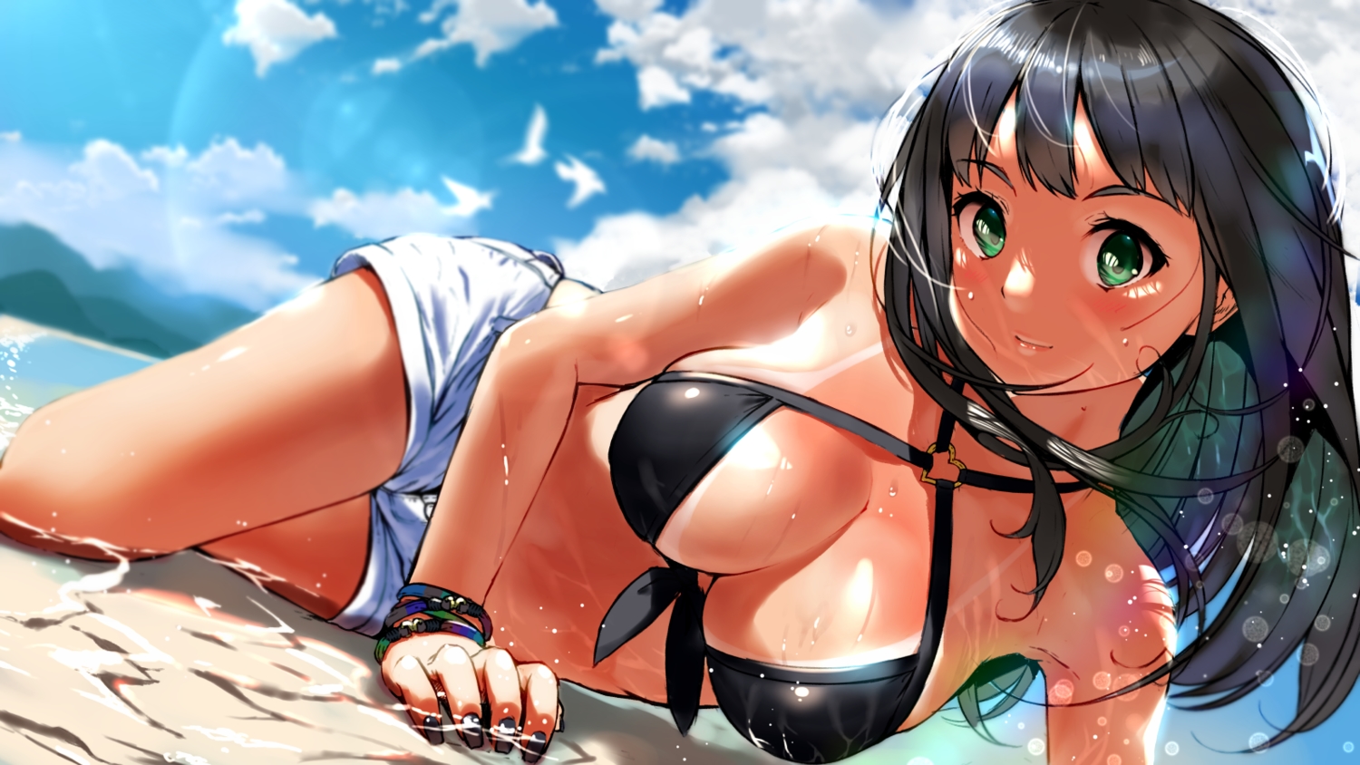 bikini_top, black_hair, blush, breasts, clouds, green_eyes, idolmaster, idolmaster_cinderella_girls, jorori, long_hair, shibuya_rin, shorts, sky, water, wet