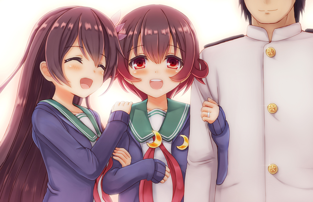 admiral_(kancolle), anthropomorphism, blush, brown_hair, hug, kantai_collection, kisaragi_(kancolle), long_hair, male, military, mutsuki_(kancolle), ootori_(kyoya-ohtori), red_eyes, school_uniform, short_hair, uniform