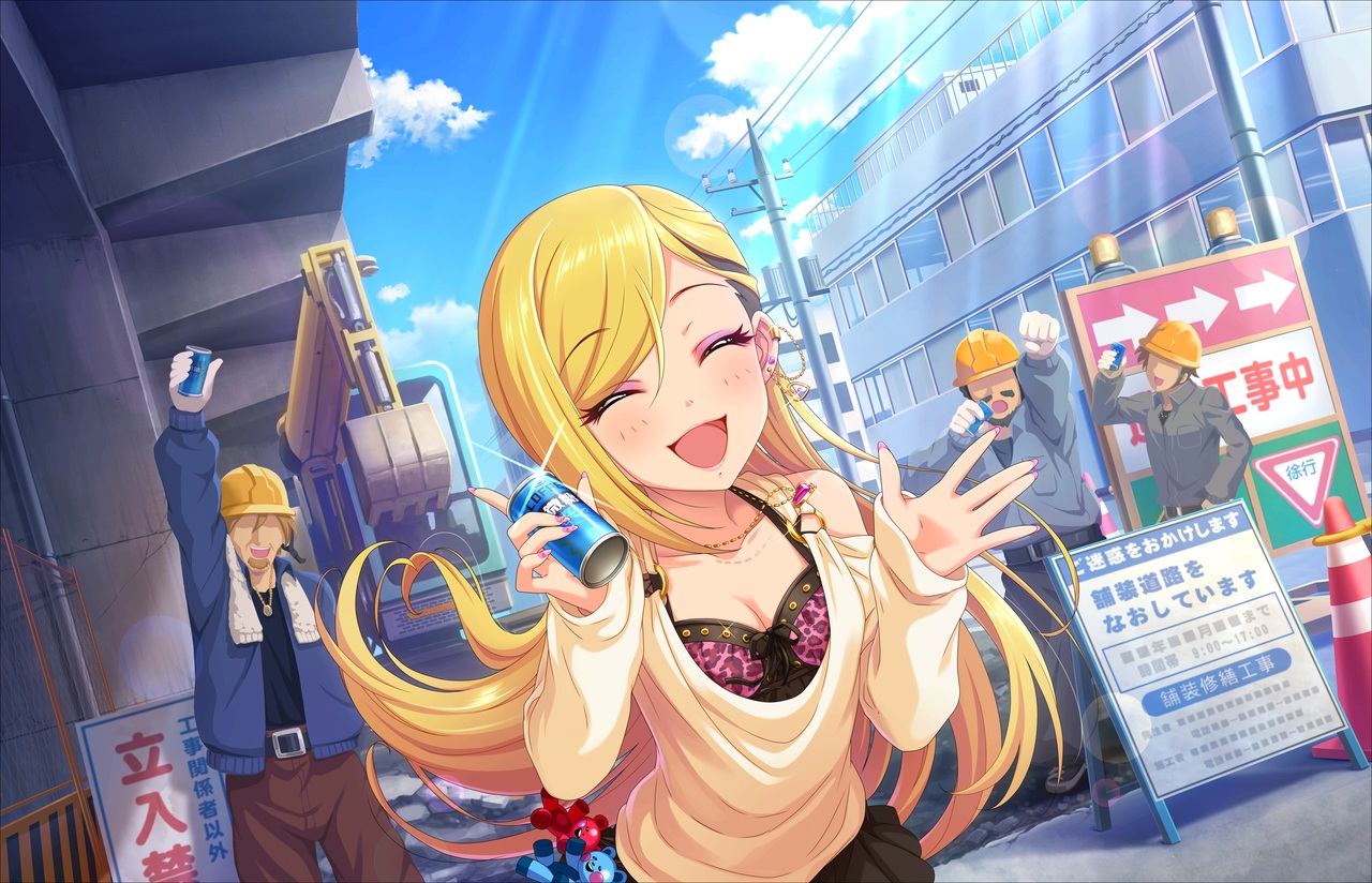 annin_doufu, blonde_hair, bra, breast_hold, breasts, brown_hair, building, city