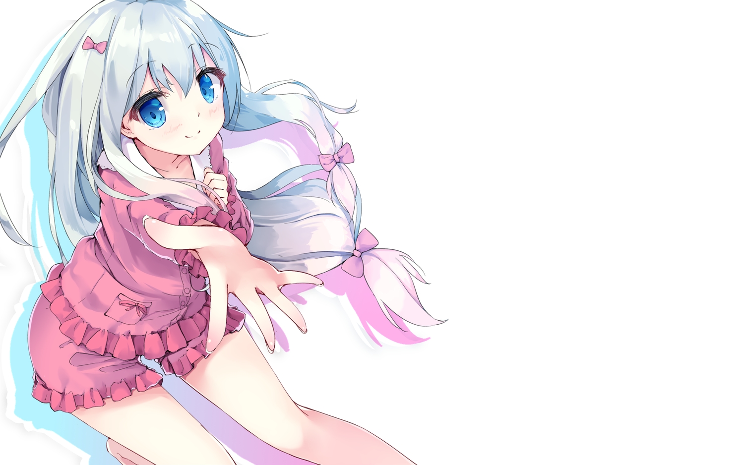 aqua_eyes, blush, eromanga-sensei, gray_hair, hamaru_(s5625t), izumi_sagiri, loli, long_hair, ribbons, shorts, white
