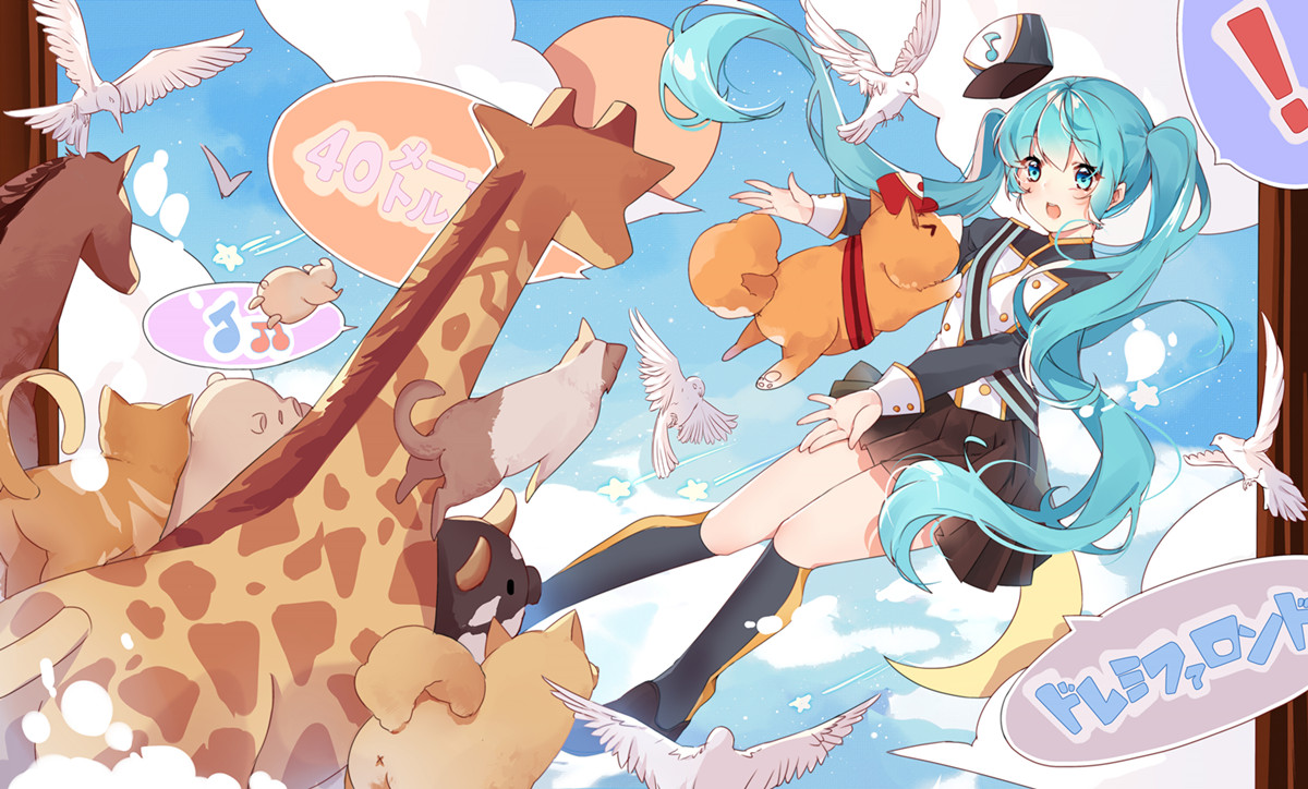 animal, aqua_eyes, aqua_hair, bird, cat, hat, hatsune_miku, hnanati