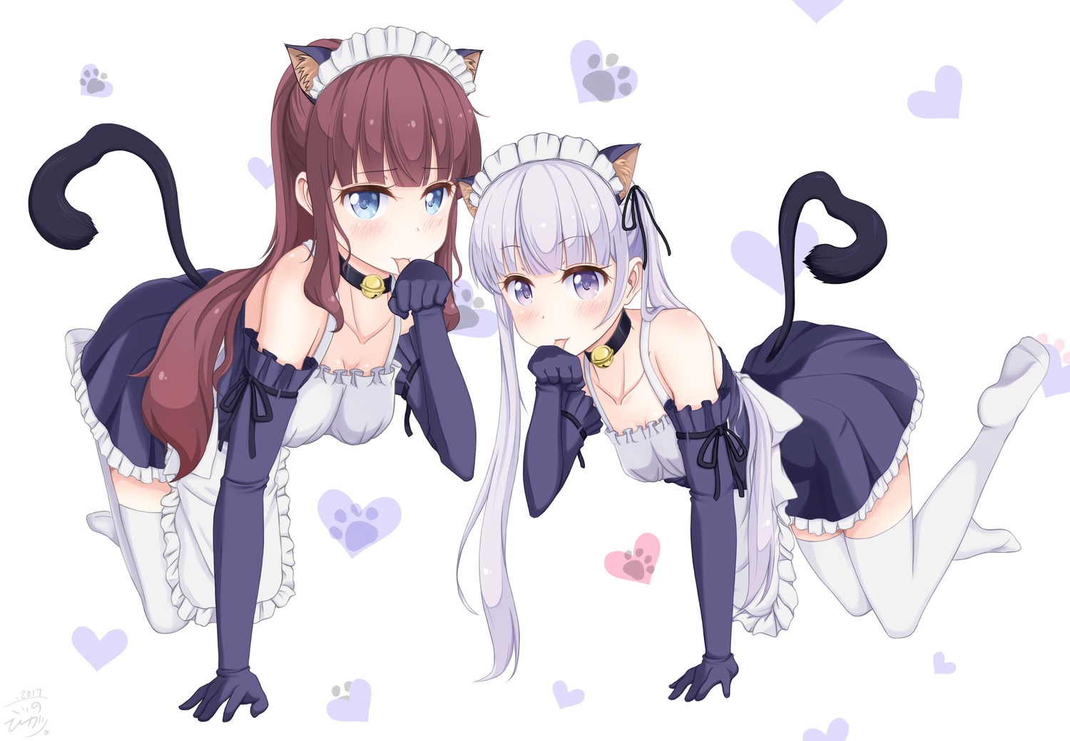 2girls, animal_ears, bell, blue_eyes, blush, breasts, brown_hair, catgirl, dress, elbow_gloves, gloves, headdress, long_hair, maid, new_game!, purple_eyes, purple_hair, ribbons, sainohikari, signed, suzukaze_aoba, tail, takimoto_hifumi, thighhighs, twintails, white