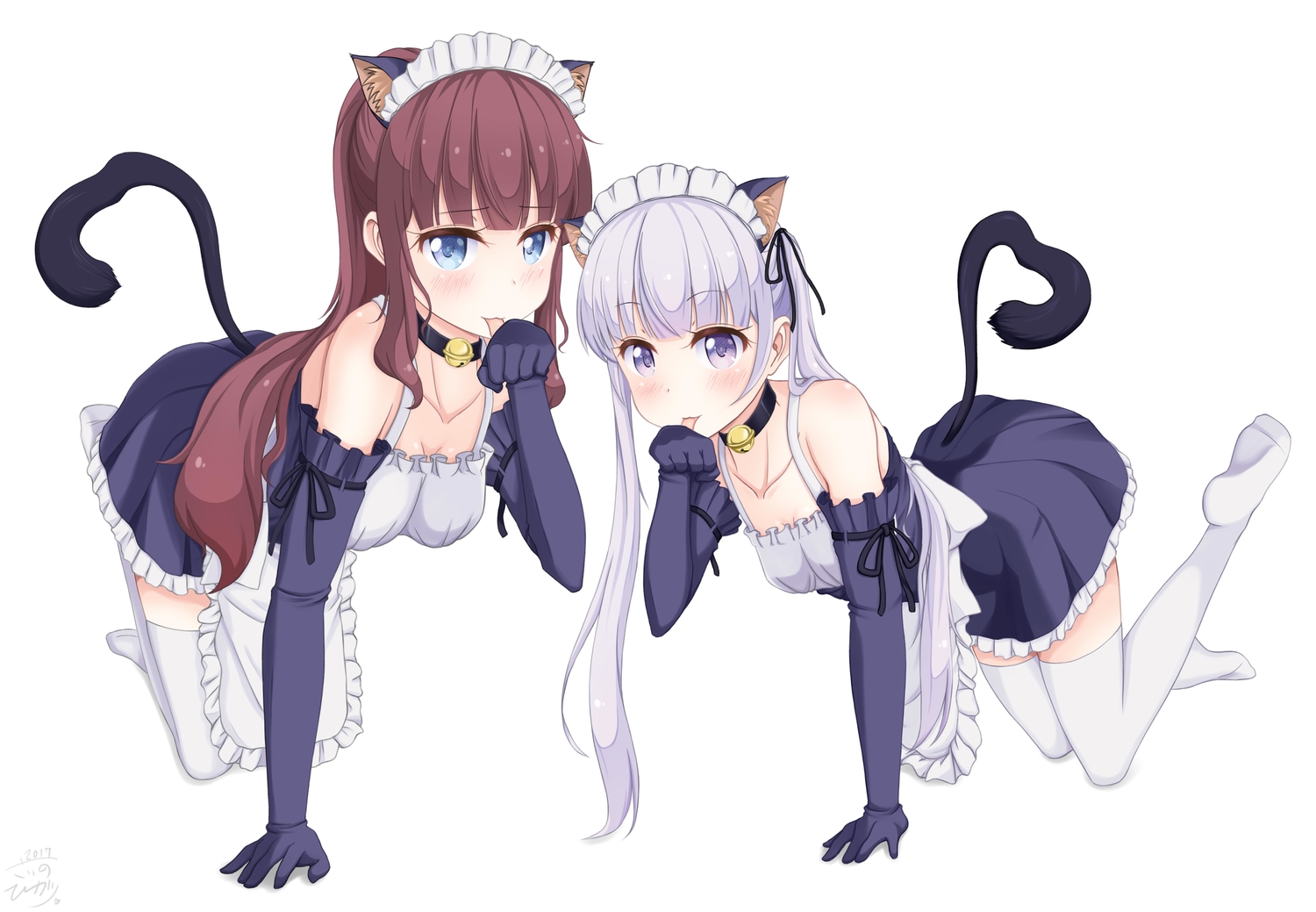 2girls, animal_ears, bell, blue_eyes, blush, breasts, brown_hair, catgirl