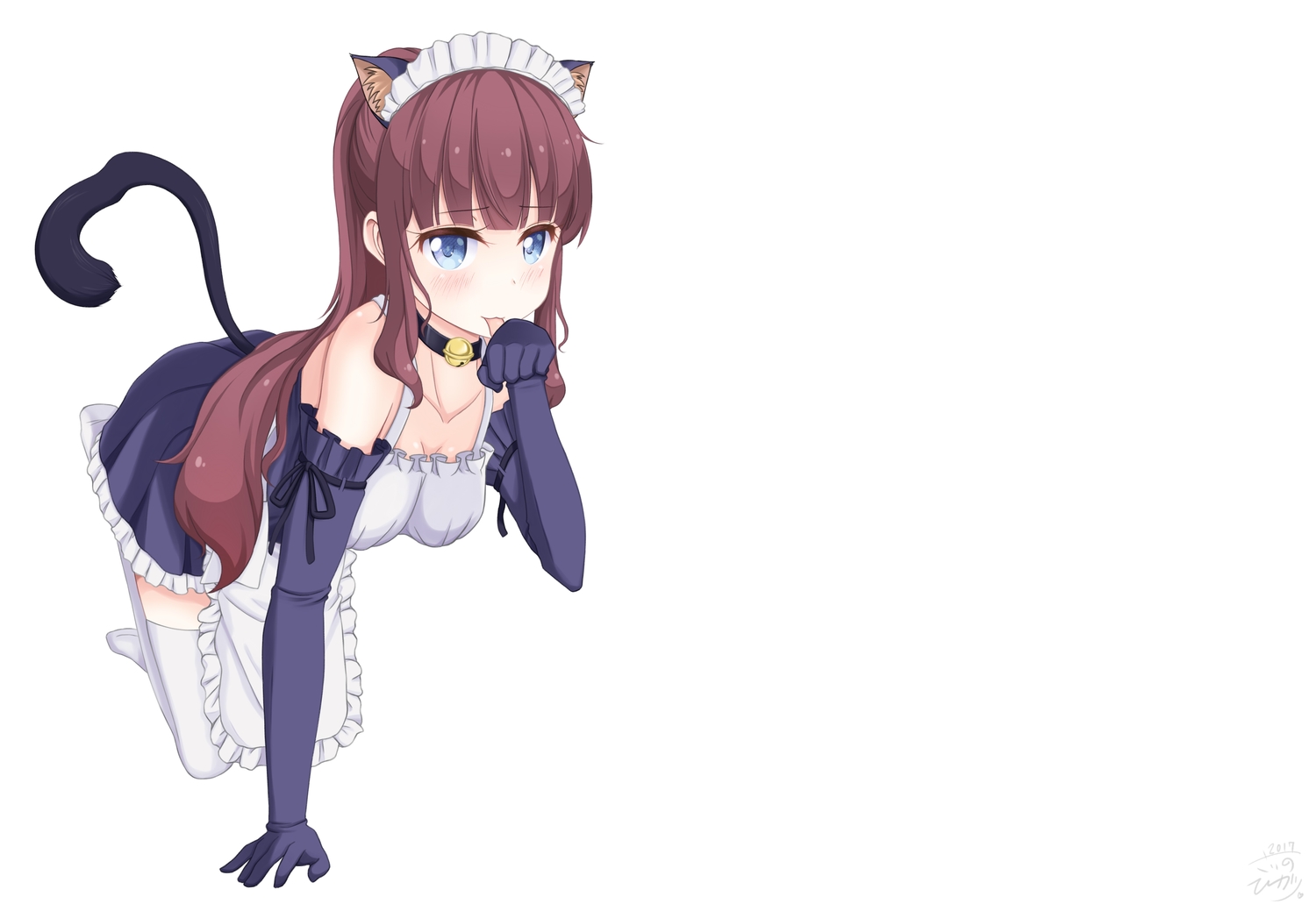 animal_ears, bell, blue_eyes, blush, breasts, brown_hair, catgirl, elbow_gloves, gloves, headdress, maid, new_game!, sainohikari, signed, tail, takimoto_hifumi, thighhighs, white