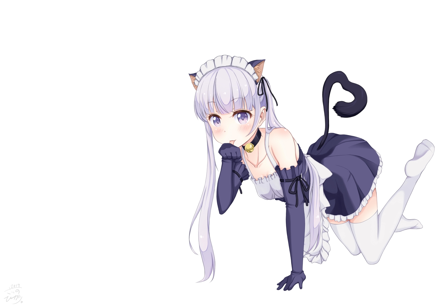 animal_ears, bell, blush, dress, elbow_gloves, gloves, headdress, long_hair