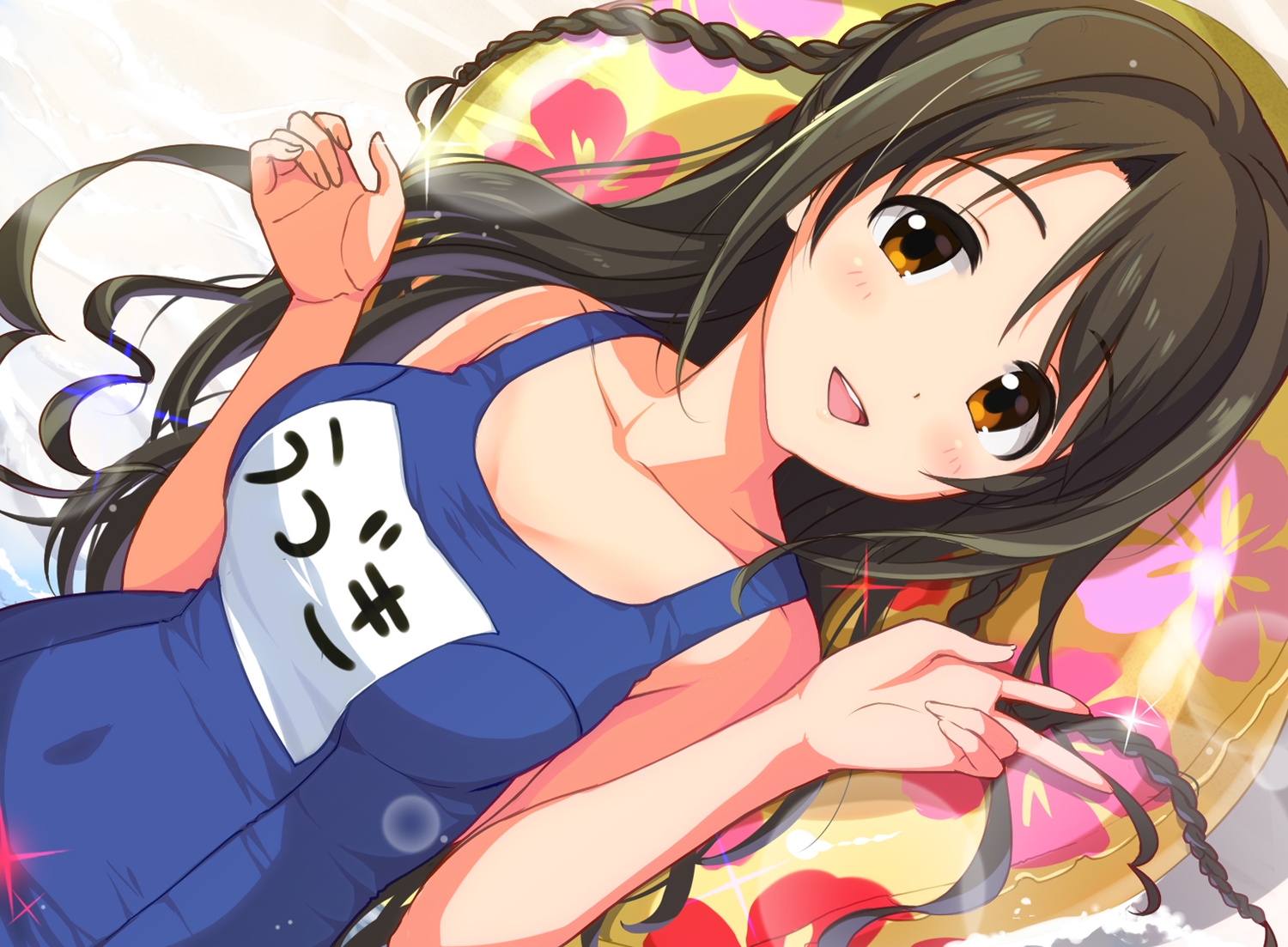 blush, braids, breasts, brown_eyes, brown_hair, idolmaster, idolmaster_cinderella_girls, long_hair, natsuya, school_swimsuit, shimamura_uzuki, swimsuit